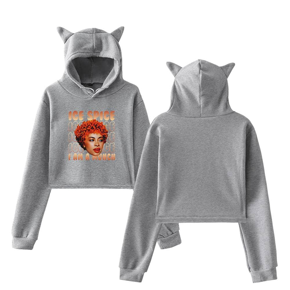 Ice Space graphic hoodie with cat ears on the hood, featuring a vibrant illustration of a woman with curly orange hair and the text "Ice Space" and "I Am A Unicorn." Perfect for stylish, playful casual wear.