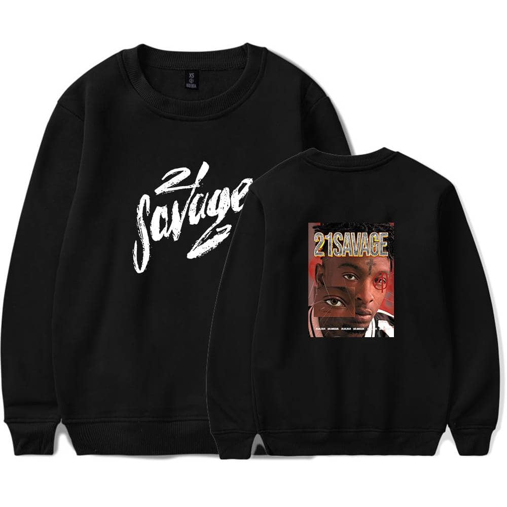 21SAVAGE black sweatshirt with graphic print, featuring a bold front logo and a vibrant back design of a young man's face. Perfect streetwear merchandise for fans of the artist.