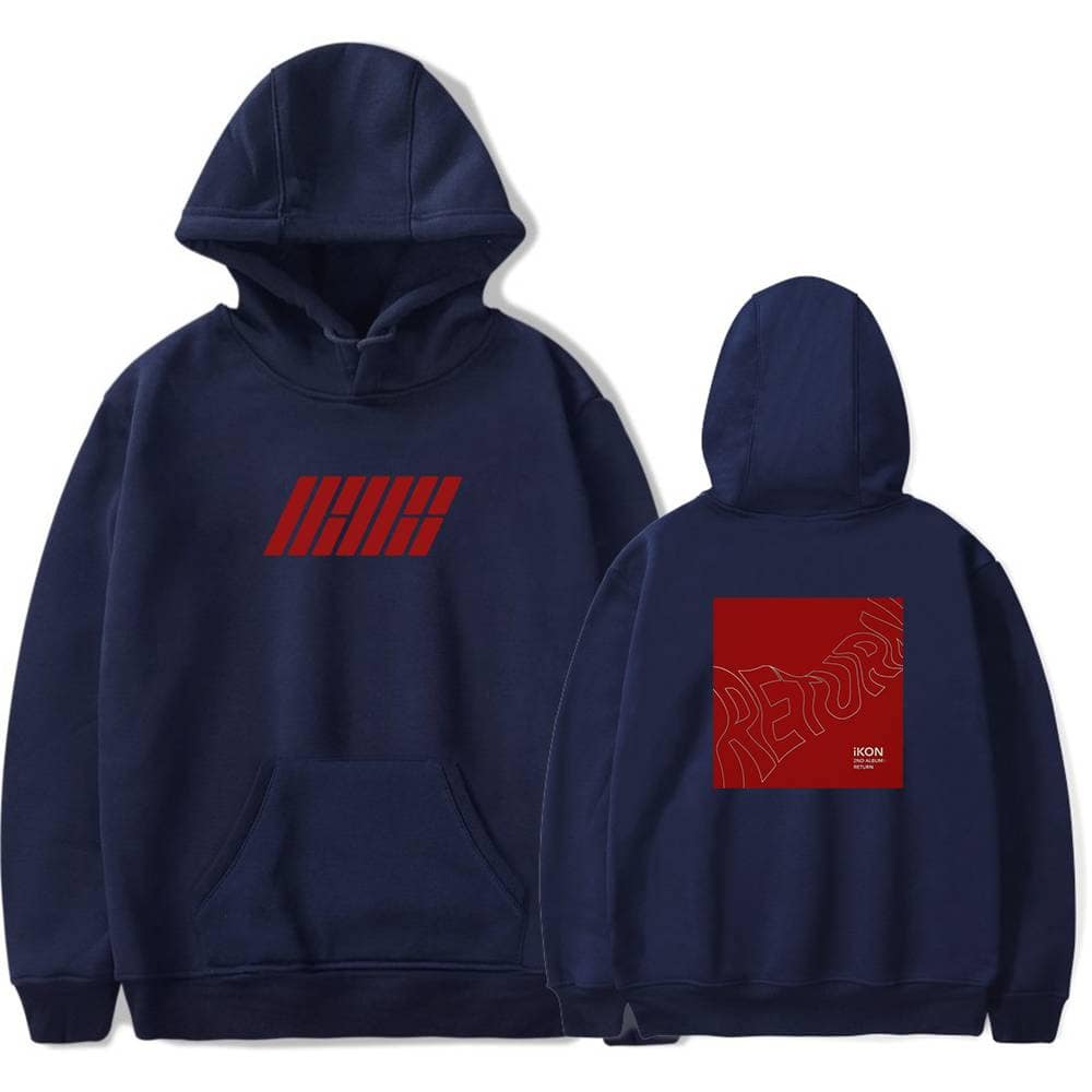 IHHiH Logo hoodie with front and back design in dark blue and red.