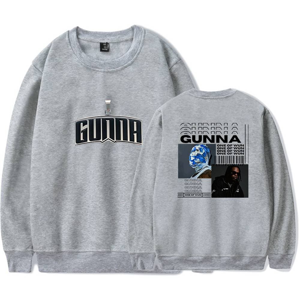 Gunna merchandise sweatshirt featuring graphic prints of the rapper Gunna, with "GUNNA" text on the front and back, and artistic images on the back. Perfect for fans and streetwear style.
