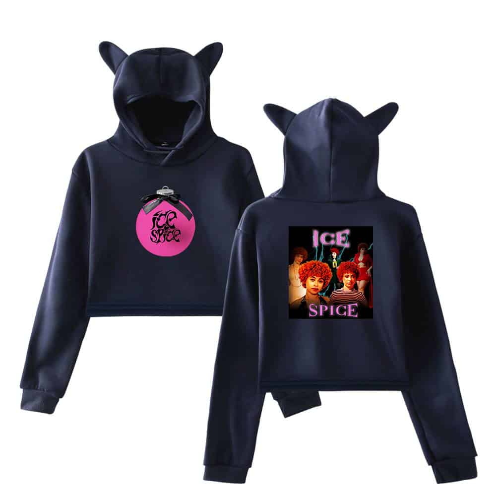 FACE ICONIC ICE SPICE BLACK HOODIE WITH EARS AND GRAPHIC PRINTED BACK AND FRONT, PERFECT FOR FANS OF THE ARTIST AND STREETWEAR FASHION, MADE OF COMFORTABLE MATERIAL, UNISEX STYLE.