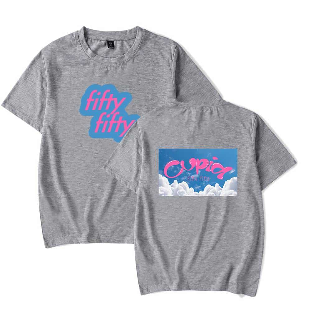 Fifty fifty t-shirt with pastel clouds and vibrant pink text, casual graphic tee for streetwear lovers.