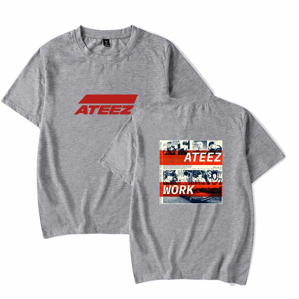 Ateez graphic t-shirt with bold red logo and collage design for fans, casual streetwear apparel, artist merchandise, comfortable fit, monochrome background, vibrant pop of color, youth fashion.