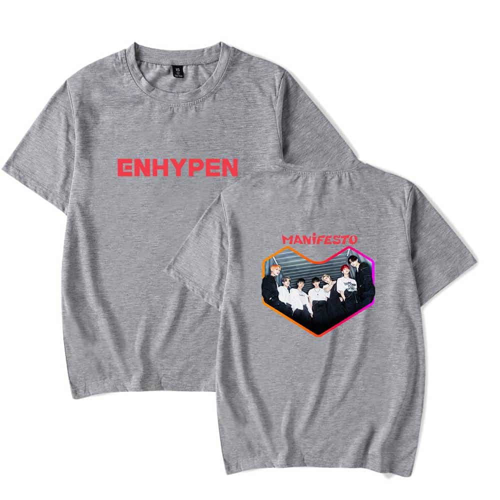 Enhypen group concert t-shirt with member photo and vibrant design, casual grey fabric, popular K-pop merchandise.