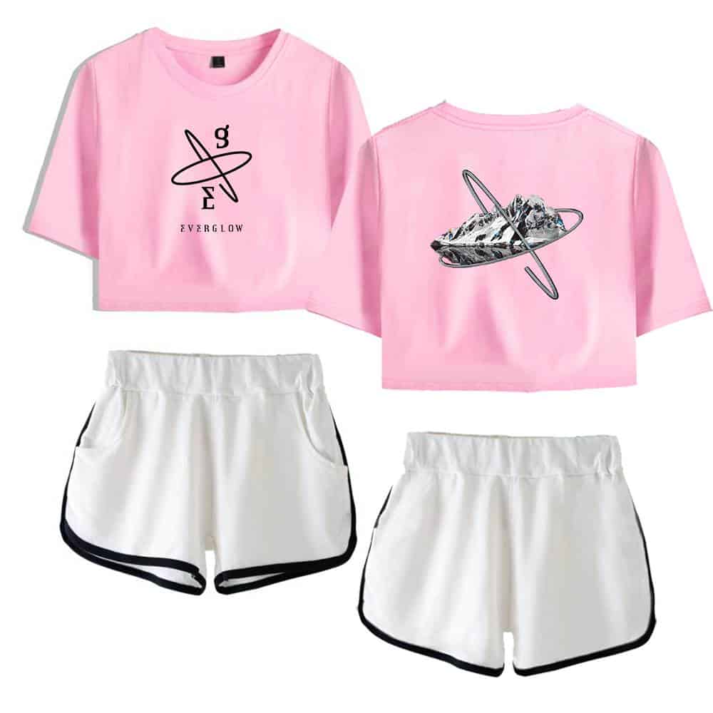 Black and pink graphic crop top and white athletic shorts with black trim, inspired by space and futuristic themes, perfect for casual or sporty wear.