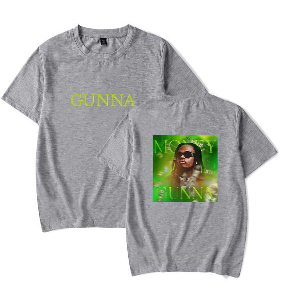 GUNNA and Money graphic print T-shirt, streetwear style. Gray short sleeve shirt featuring bold text and a photo of rapper Gunna with "Money" theme in vibrant green. Perfect for fans of hip-hop fashion.