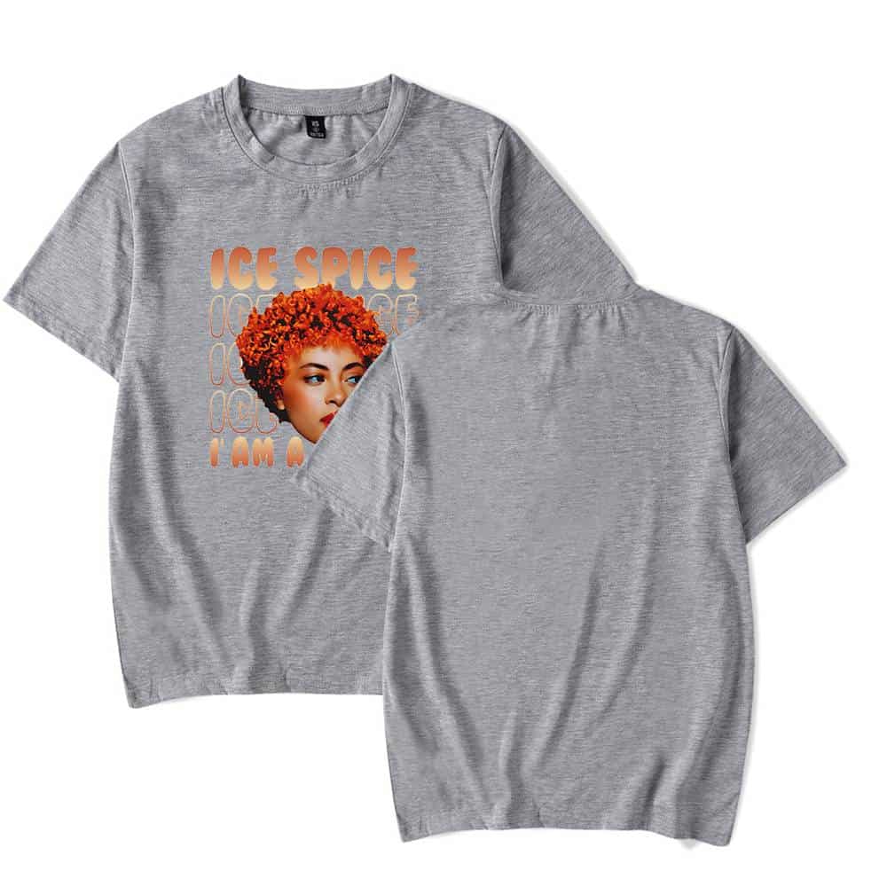 ICE SPICE I AM A QUEEN T-shirt, graphic tee featuring a portrait of a woman with colorful curly hair on a gray background, casual streetwear, trendy μ¬λ¦ ν¨μ
, μΈκΈ° μλ μμ
 μν°μ€νΈ merchandise.