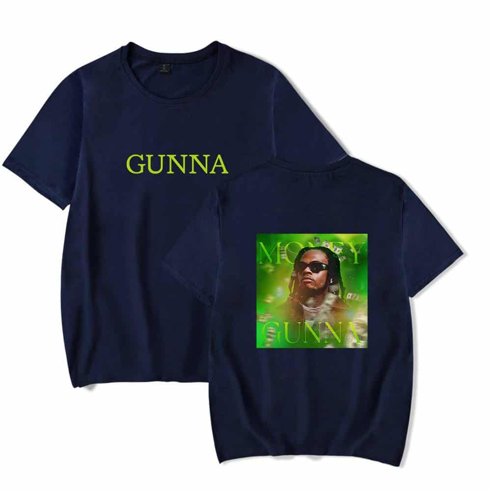 GUNNA merchandise t-shirt featuring his name and a graphic of the artist with sunglasses, green background, and bold text.