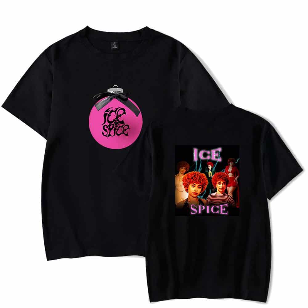 Ice spice black graphic t-shirt merchandise for fans of the rapper featuring bold designs and pop art styles.