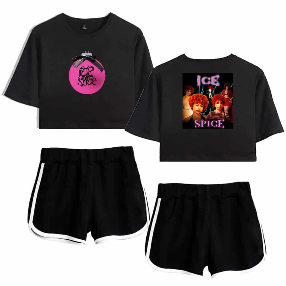 Pink and black lounge set featuring "Ice Spice" graphics on the cropped T-shirt and shorts. The ensemble combines casual comfort with bold, music-inspired style perfect for fans of the artist.