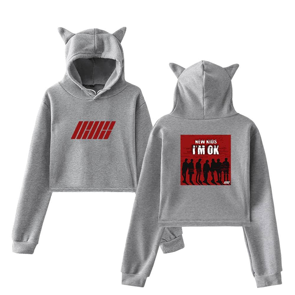 IHIIII graphic on front of grey hoodie with cat ears hood, "New Kids I'm OK" design on back featuring silhouettes of kids against red background.