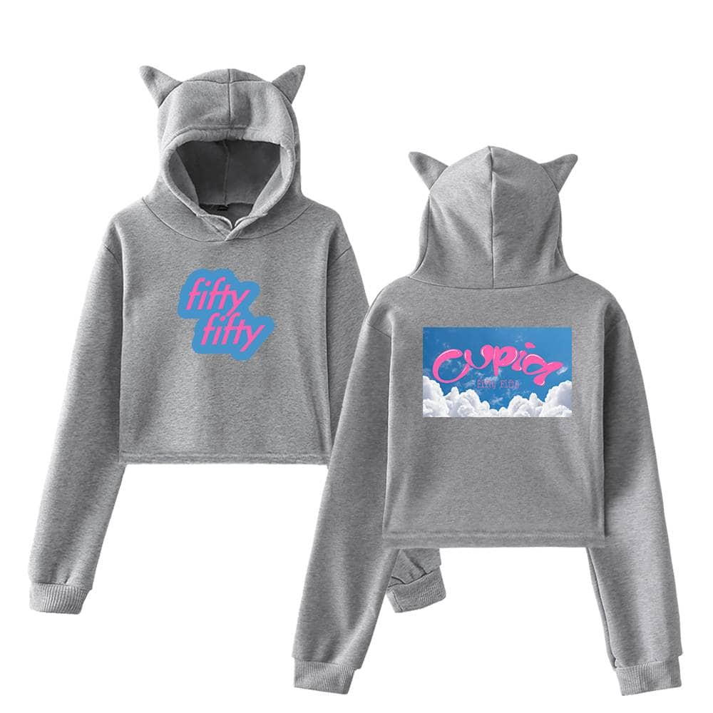 Fifty fifty hoodie with cat ears, gray sweatshirt featuring pink and blue graphic design, adorable children's apparel, trendy and cozy hoodie for kids, playful streetwear fashion.