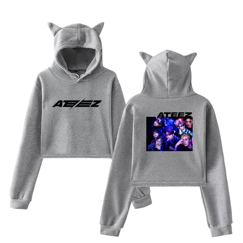 Ateez hoodie set featuring the group's logo on the front and a vibrant group photo on the back, perfect for fans. Made from soft fabric with a cozy hood, including cute cat ears for a playful touch.