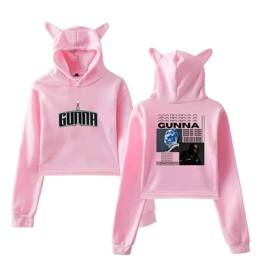 Gunna pink hoodie set featuring a hood with cat ears, front and back graphic prints including the artist's name, barcode design, and music-inspired artwork, perfect for stylish streetwear.