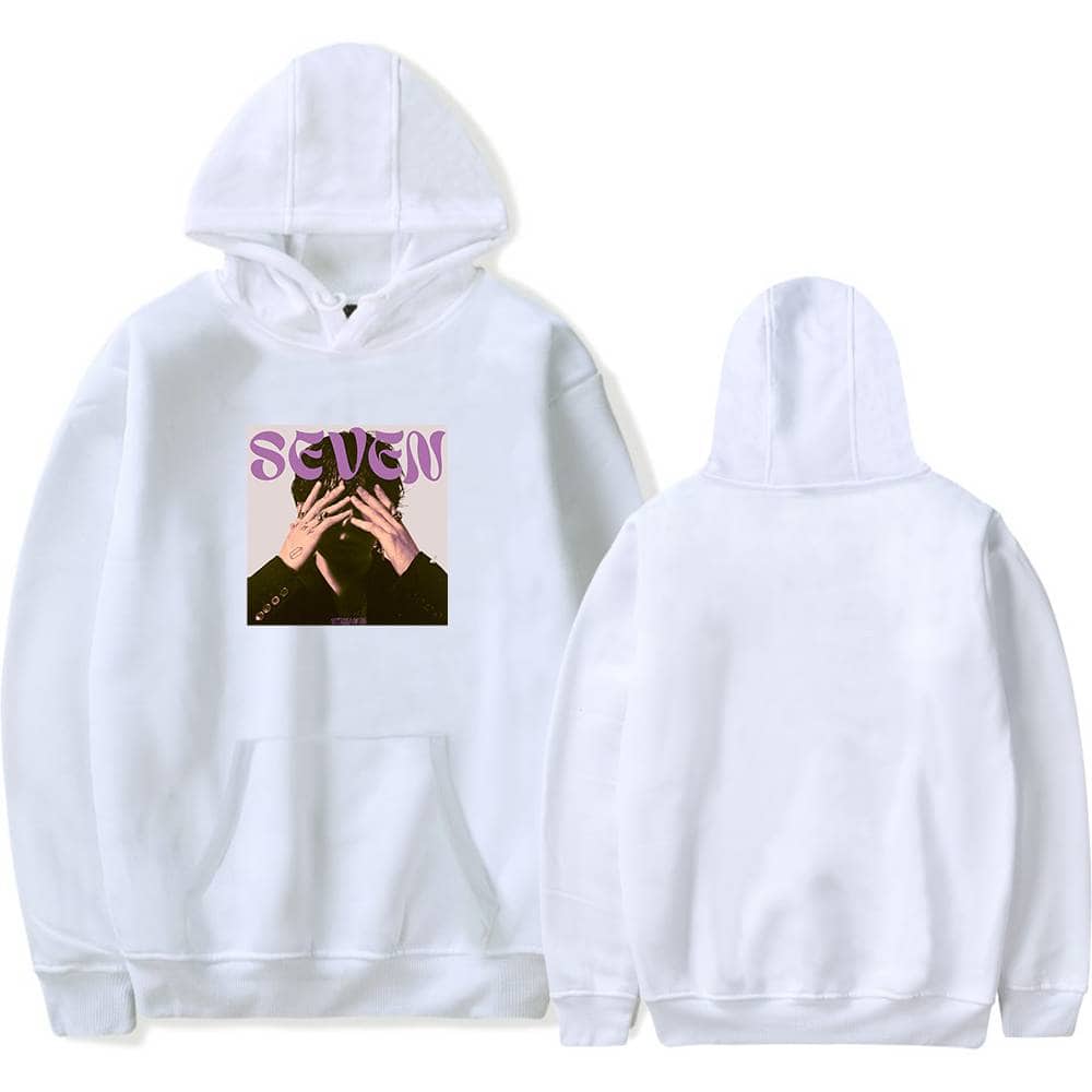 Seventh album cover hoodie featuring an image of a person with hands over their face and the word "SEVEN" in purple letters at the top.