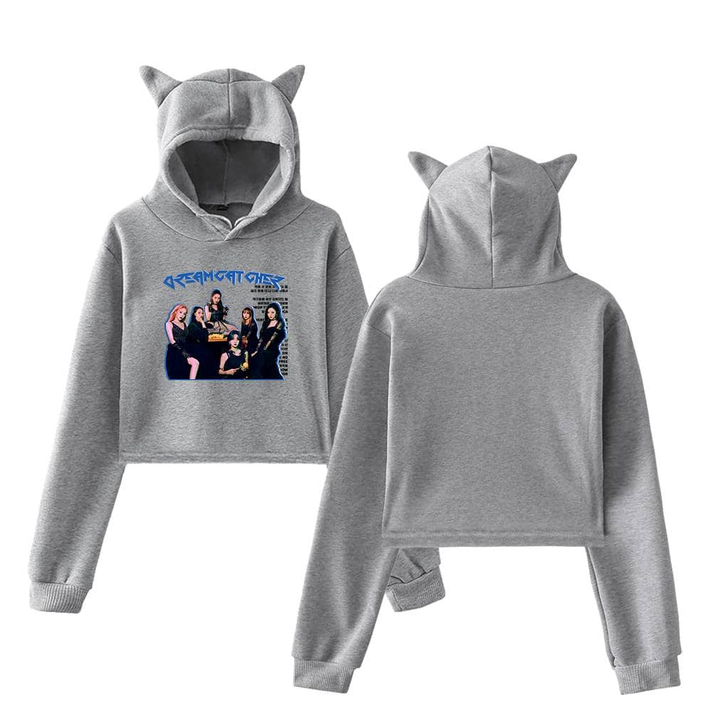Comfortable grey hoodie and sweatpants set featuring a graphic print of a girl group, with playful cat ear details on the hood, perfect for casual wear or fan merchandise.