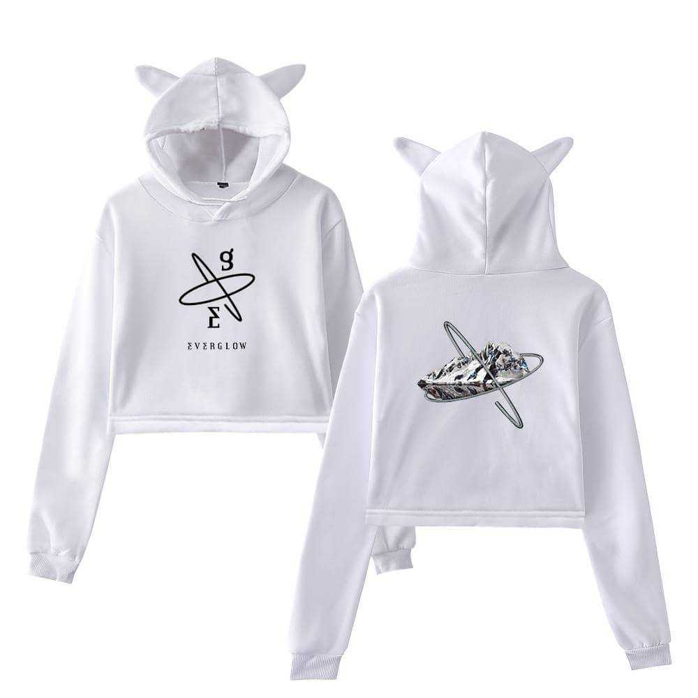 White hoodie with galaxy print and logo, cosmic themed casual wear, stylish graphic design sweatshirt, trendy astronomy-inspired apparel, space-themed hooded sweatshirt for teens and adults.