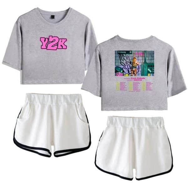 Y2K graphic cropped sweatshirt and matching shorts set, with retro-themed design and graffiti accents, perfect for casual and streetwear fashion.