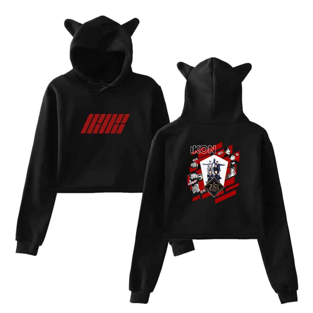 Hoodie with black cat ear hood, front with red stripes design, back featuring a K-pop group graphic, perfect for casual or fan merchandise wear.