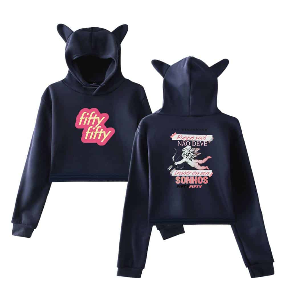 Fifty fifty hoodie with cat ears and graphic print, perfect for casual wear and trendy fashion statements.