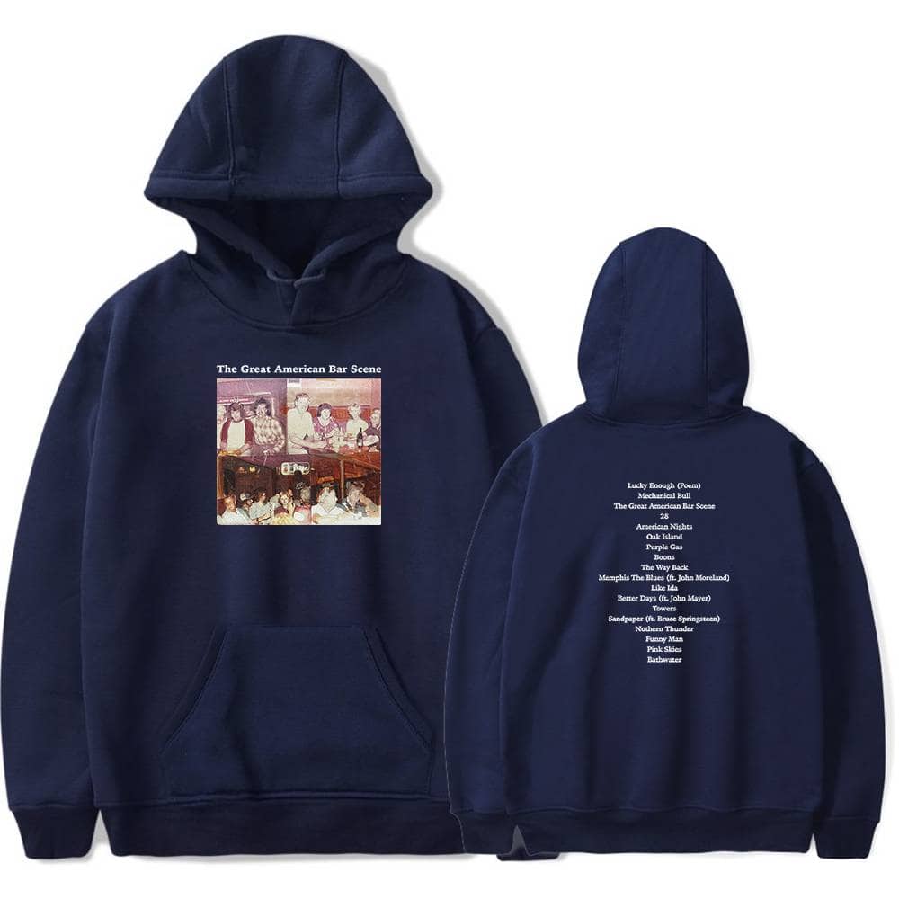 The Great American Bar Scene hoodie with a vintage-style graphic front and song list on the back, perfect for music and bar enthusiasts.