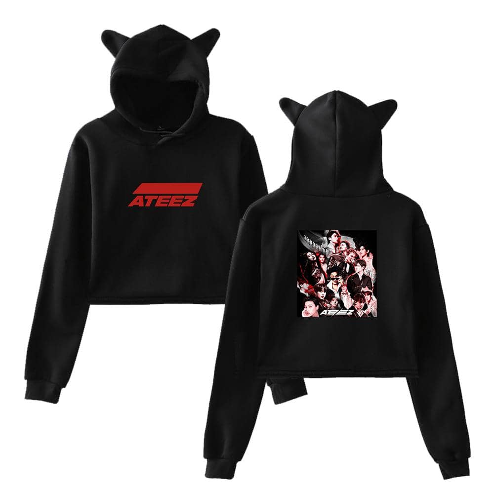 ATEEZ black hoodie with cat ears, featuring the group's logo on the front and a group photo on the back, perfect for fans and stylish streetwear.