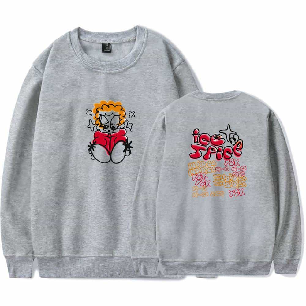 Cute gray sweatshirt featuring a cartoon character with orange curly hair and a red hoodie on the front, and colorful "ice juice" graphic on the back. Perfect for casual wear and street style.