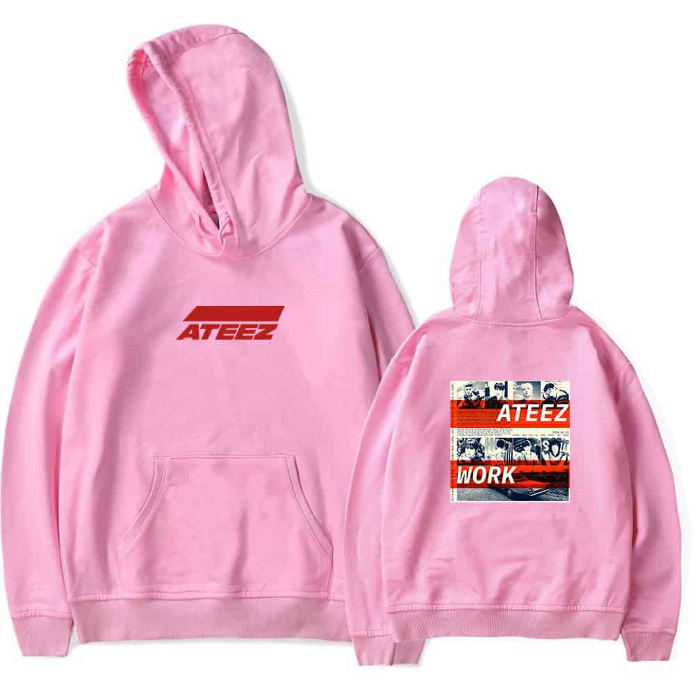 Ateez pink hoodie with front logo and back graphic design, casual streetwear merch.