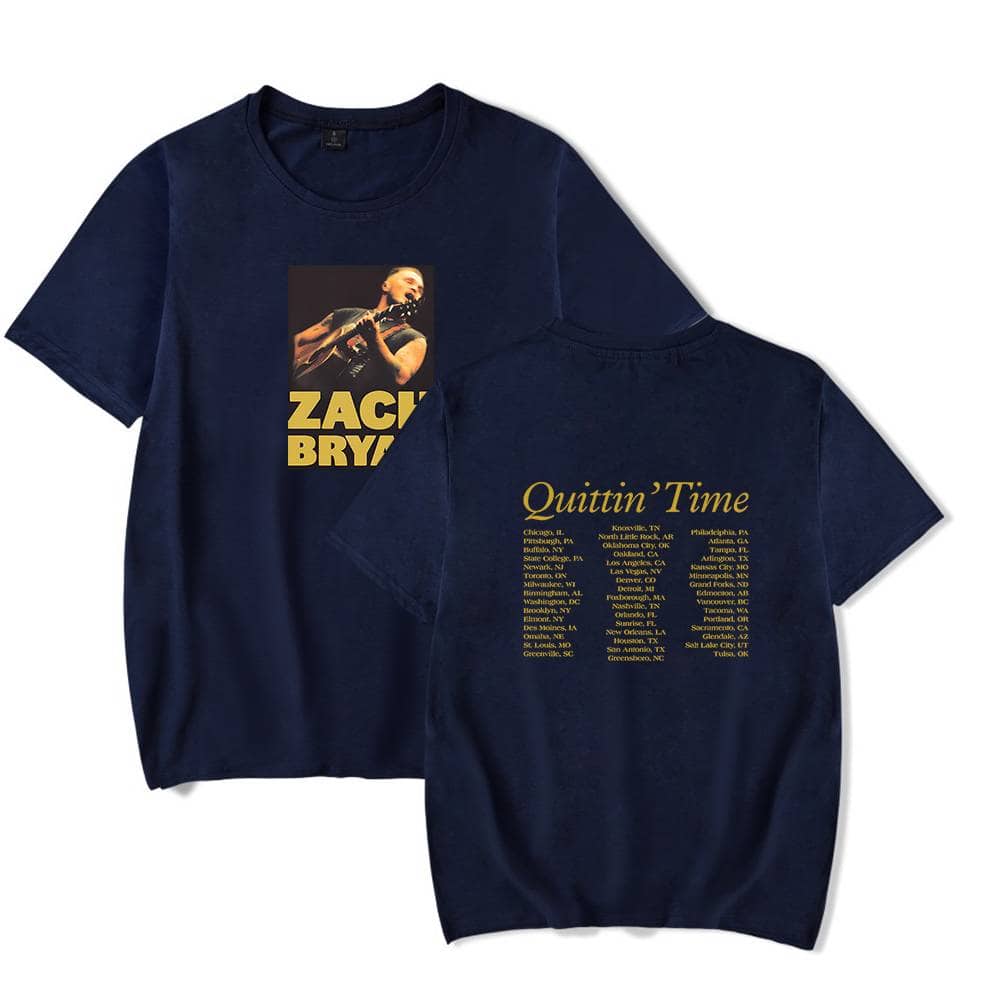 Zach Bryan concert merch t-shirts featuring a photo of Zach Bryan playing guitar and a list of tour locations. Perfect for fans and concert attendees.