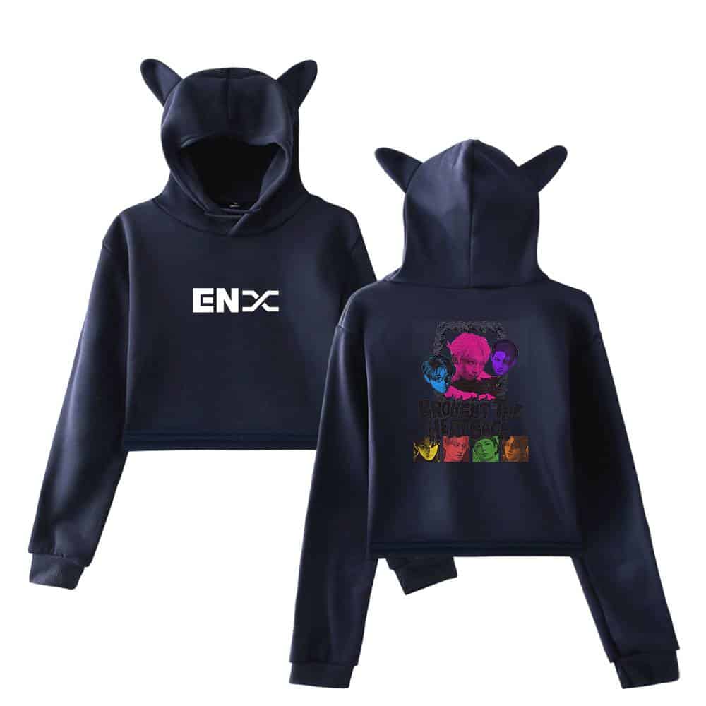 ENX logo with anime-inspired graphics hoodie with cat ear hood, black color and vibrant design on the back, perfect for fans of gaming and streetwear styles.