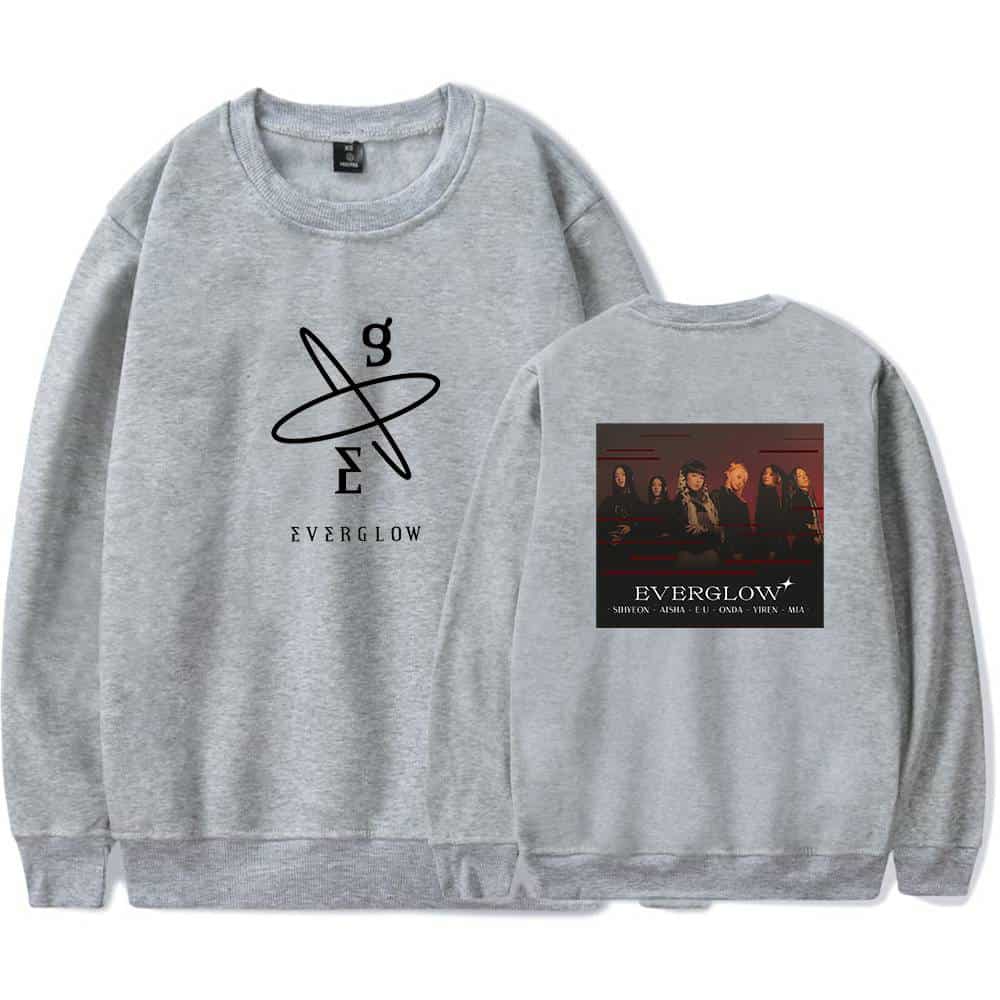 Black and grey crewneck sweatshirt featuring an orbit and planet graphic with the word "Everglow" on the front and a group photo with band members and "Everglow" text on the back, youth and adult sizes available.