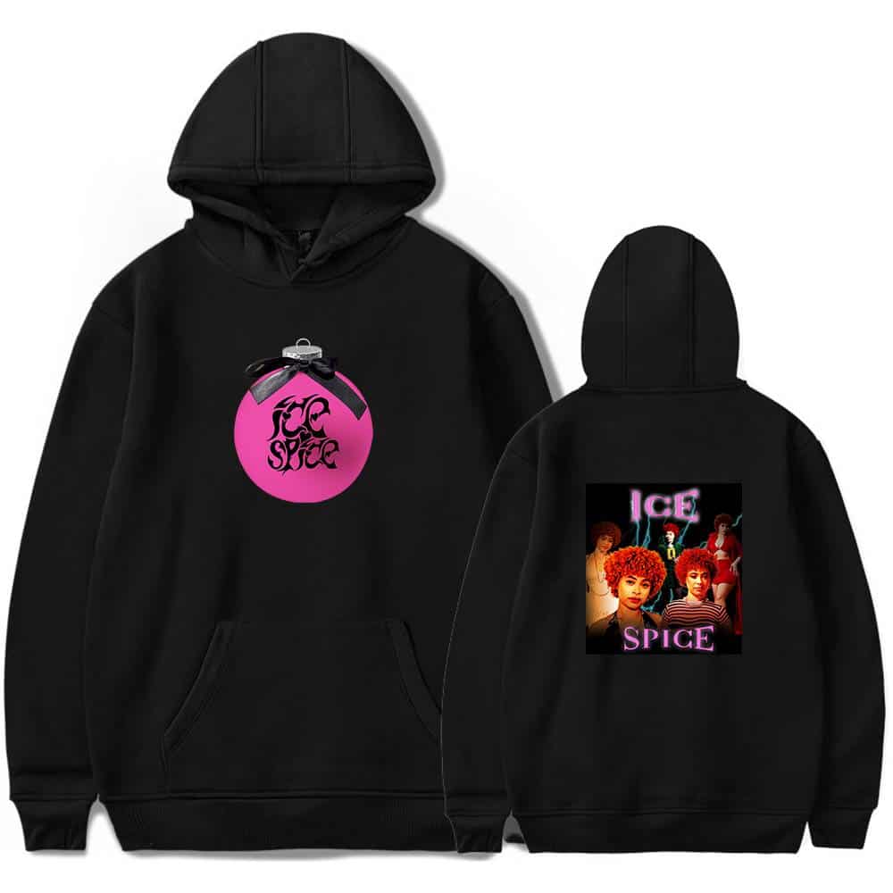 Black hoodie featuring a pink perfume-like graphic on the front with "Ice Spice" text, and a colorful photo of the artist on the back. Perfect for fans of Ice Spice's music and style.