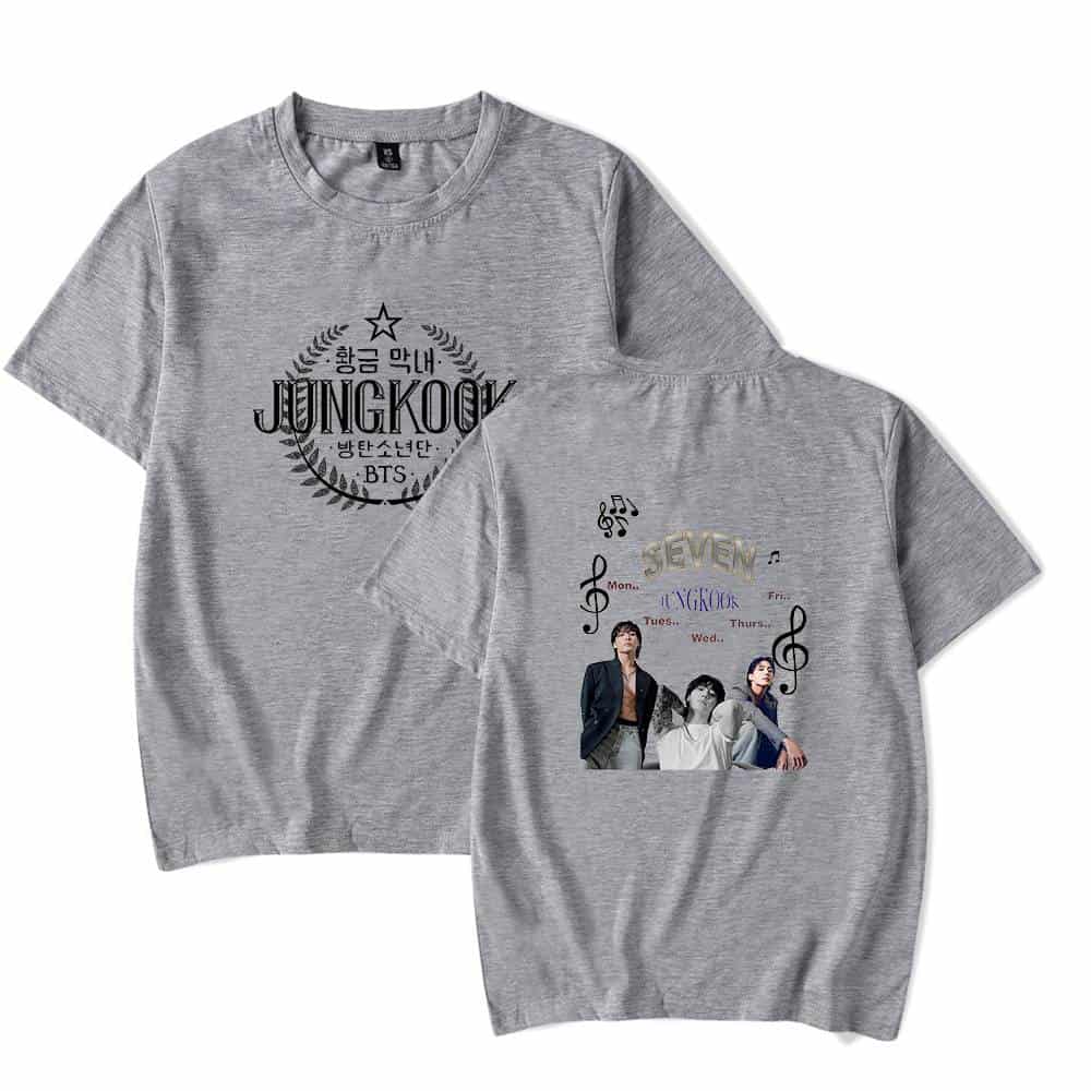 Jungkook BTS-themed graphic t-shirt, gray casual wear with band images and musical notes, perfect for fans of Korean pop and BTS merchandise.