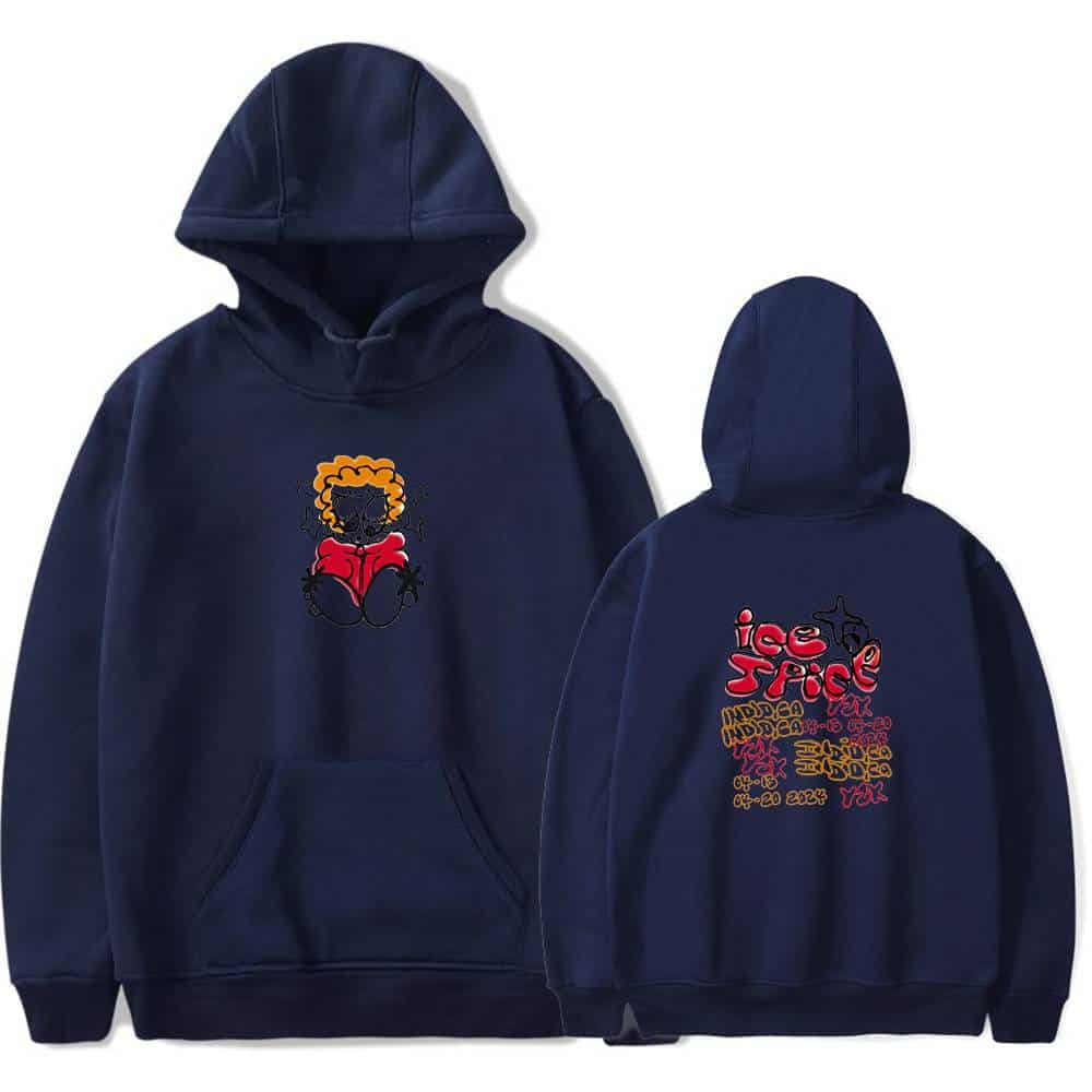 Bright navy hoodie featuring a cute cartoon character with curly hair on the front and colorful graphic text on the back, perfect for casual streetwear style.