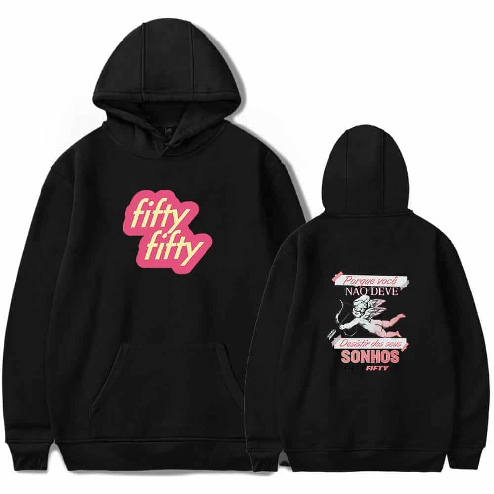 Fifty fifty hoodie with pink logo and mythical lion graphic on back, stylish streetwear for fans of the band or pop culture enthusiasts.