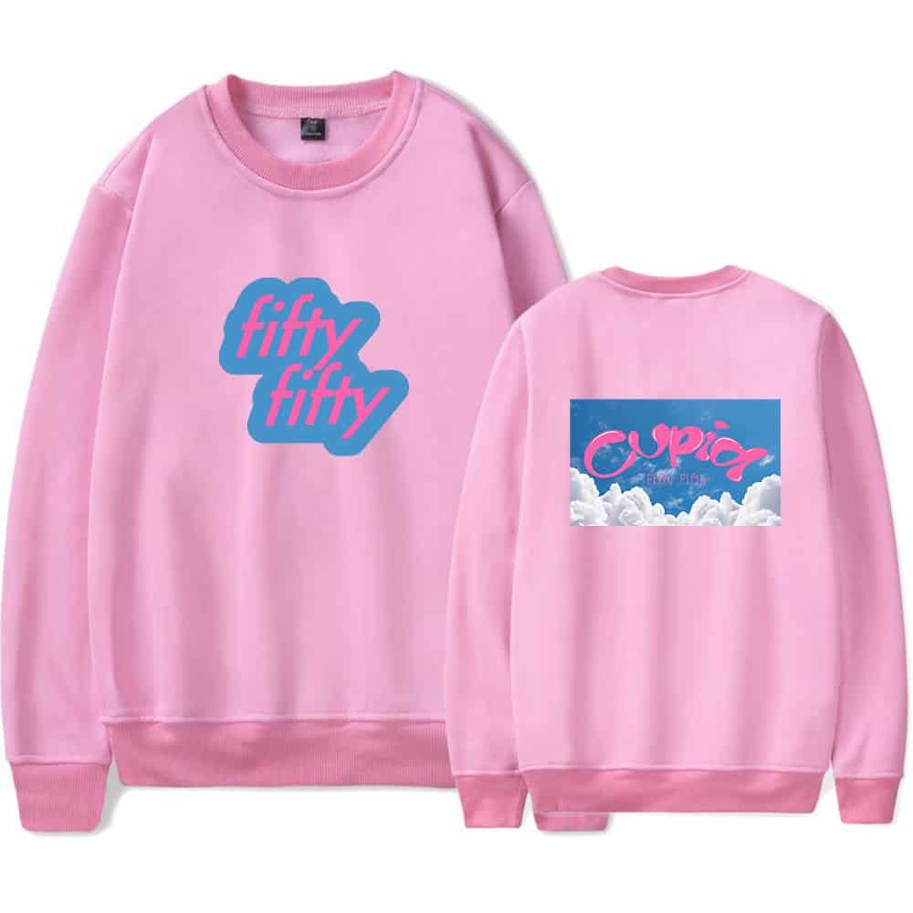 Fifty fifty sweatshirt with cloud and pink text design on back.