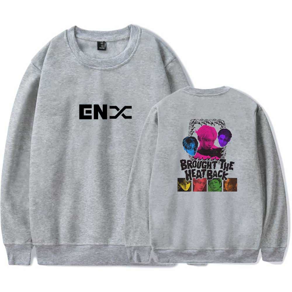 ENX logo printed on a light gray crewneck sweatshirt with a colorful graphic design on the back, showcasing a stylized anime-inspired illustration and the phrase “Brought the Heat Back”.