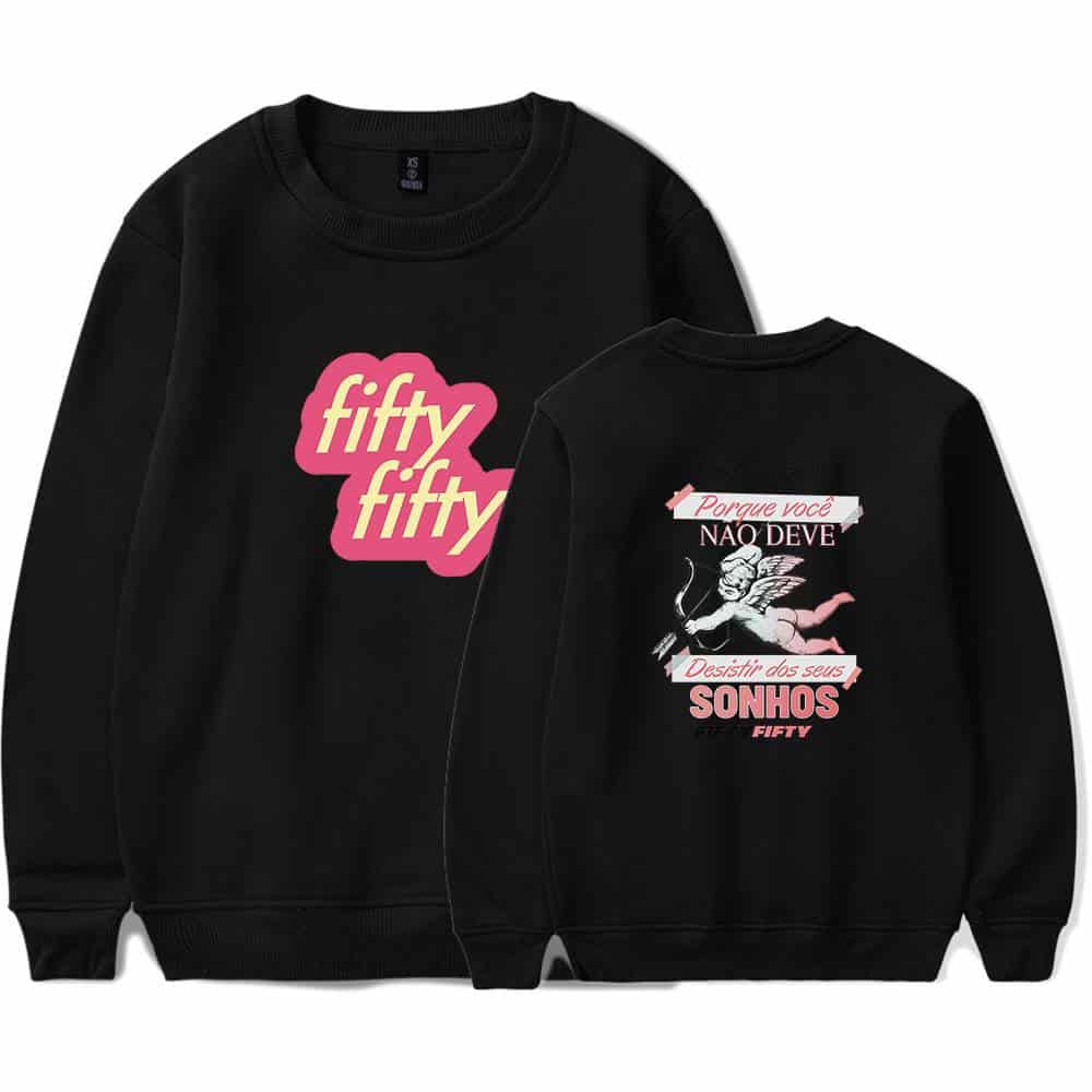 Fifty fifty sweatshirt with pink text and graphic design in black color.