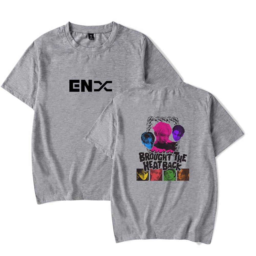 ENYC logo on the front and "Brought the Heat Back" graphic with colorful images of people on the back of a gray T-shirt.