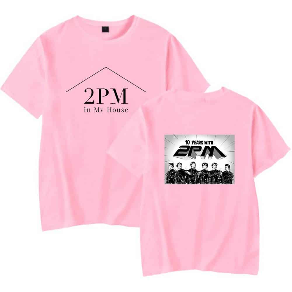 2PM pink graphic T-shirt with 2PM band logo and 10 years anniversary design, perfect for fans and concert memorabilia.