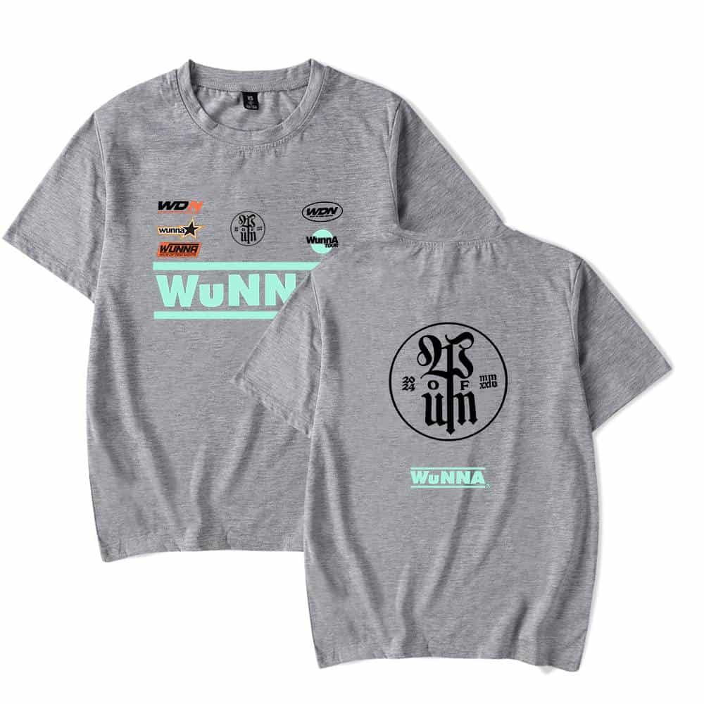 WUNNA logo and graphic t-shirt, gray crewneck, streetwear style, with multiple brand patches, circular design, and bold text.
