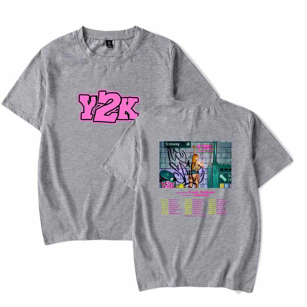 Y2K graphic t-shirt with graffiti and subway art design, featuring vibrant pink, black, and blue colors on a grey background. Perfect for retro and streetwear fashion enthusiasts.