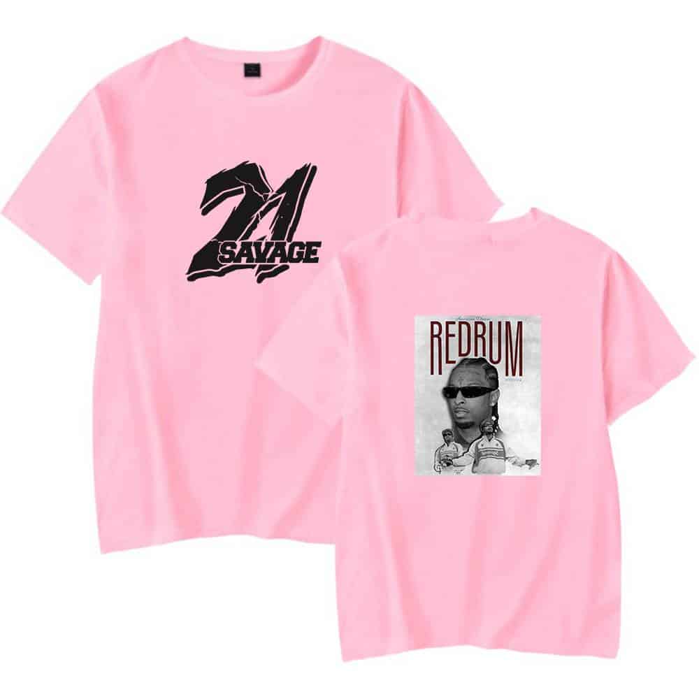21 Savage graphic t-shirt with bold designs in black and a black-and-white image, perfect for streetwear fashion. Made from soft pink fabric for a casual, eye-catching look.