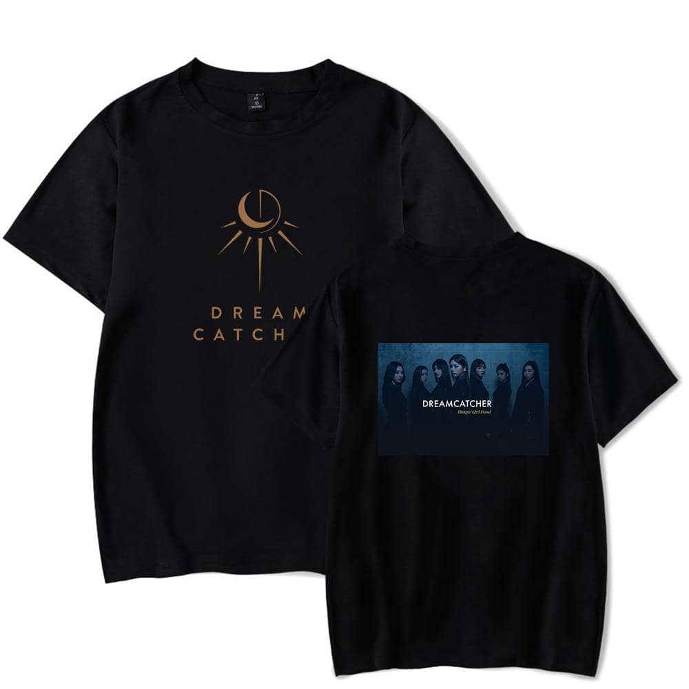 Dream catcher t-shirt with moon and sun graphic on front and group photo with "DREAMCATCHER" text on back.