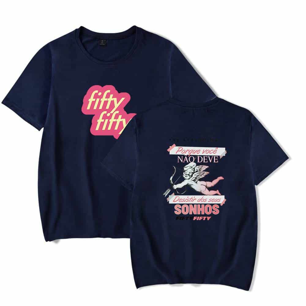 Fifty fifty t-shirt graphic print, dark blue color, fun and trendy unisex casual wear.