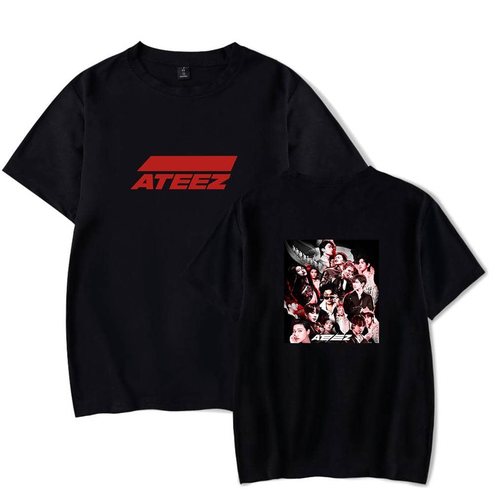 ATEEZ merchandise t-shirt featuring the group's logo and a collage of members, perfect for fans to show their support and love for the K-pop band. High-quality black fabric with bold designs.