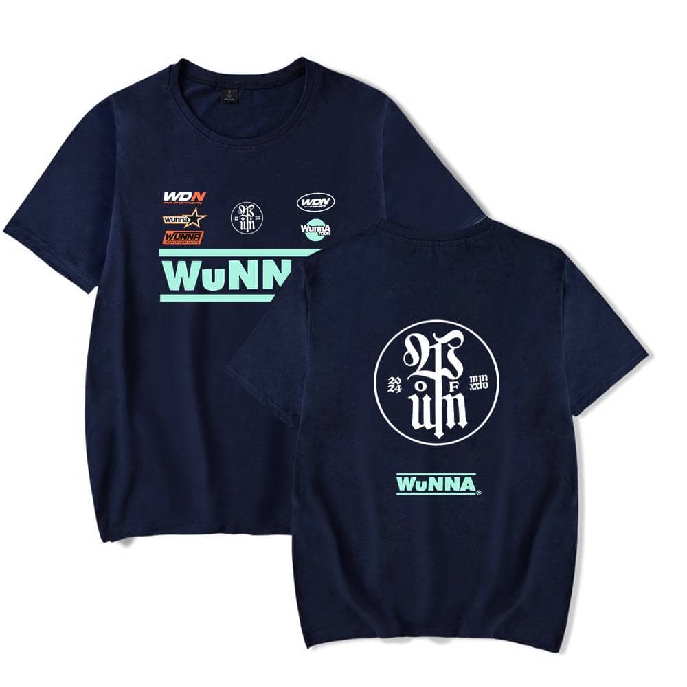 WUNNA merchandise t-shirt featuring bold graphics and logos in black and teal colors, perfect for fans and streetwear enthusiasts.
