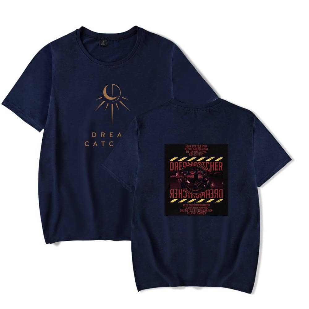 Drea Catro graphic t-shirt with moon and sun design, navy blue color, stylish casual wear, unisex fit, perfect for fans of unique and artistic merchandise.