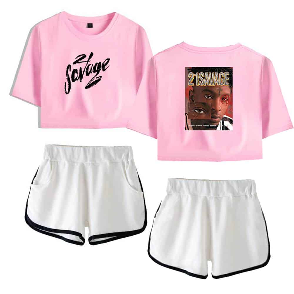 Pink cropped t-shirt with "21 savage" text front and back graphic t-shirt on pink background, casual streetwear style merchandise for fans.