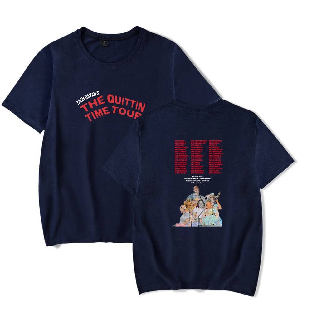 Zach Bavan's The Quittin Time Tour navy graphic t-shirt for music fans.